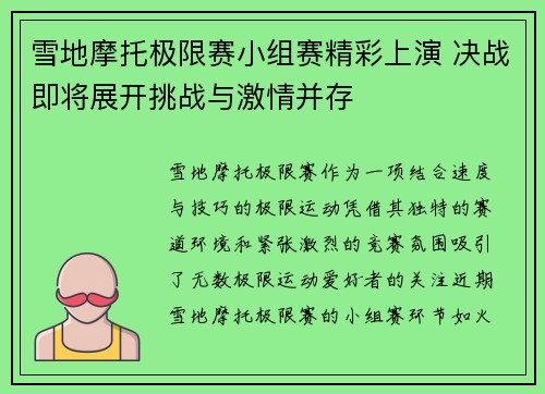 雪地摩托极限赛小组赛精彩上演 决战即将展开挑战与激情并存